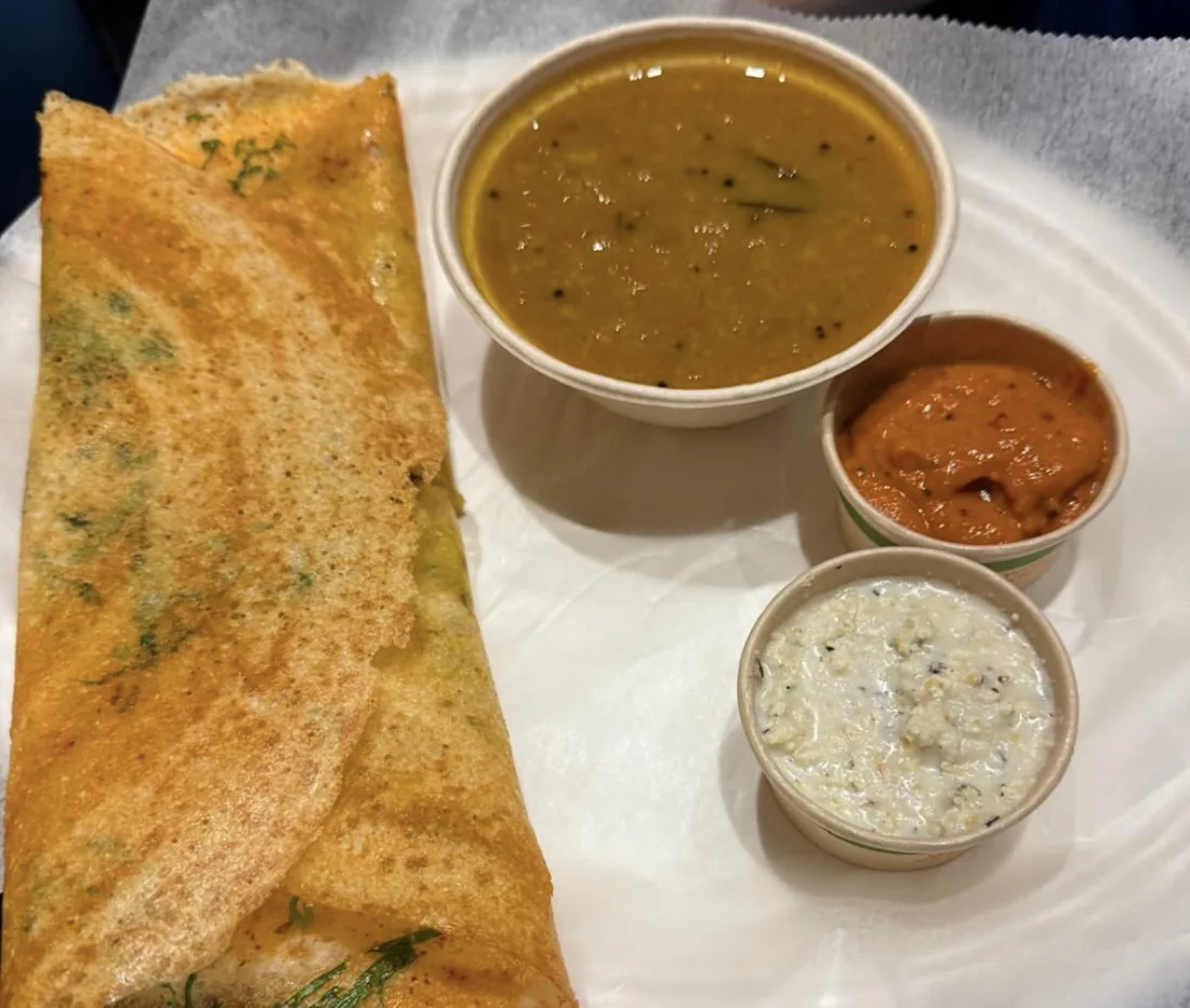 Dosa with sambar and coconut chutney